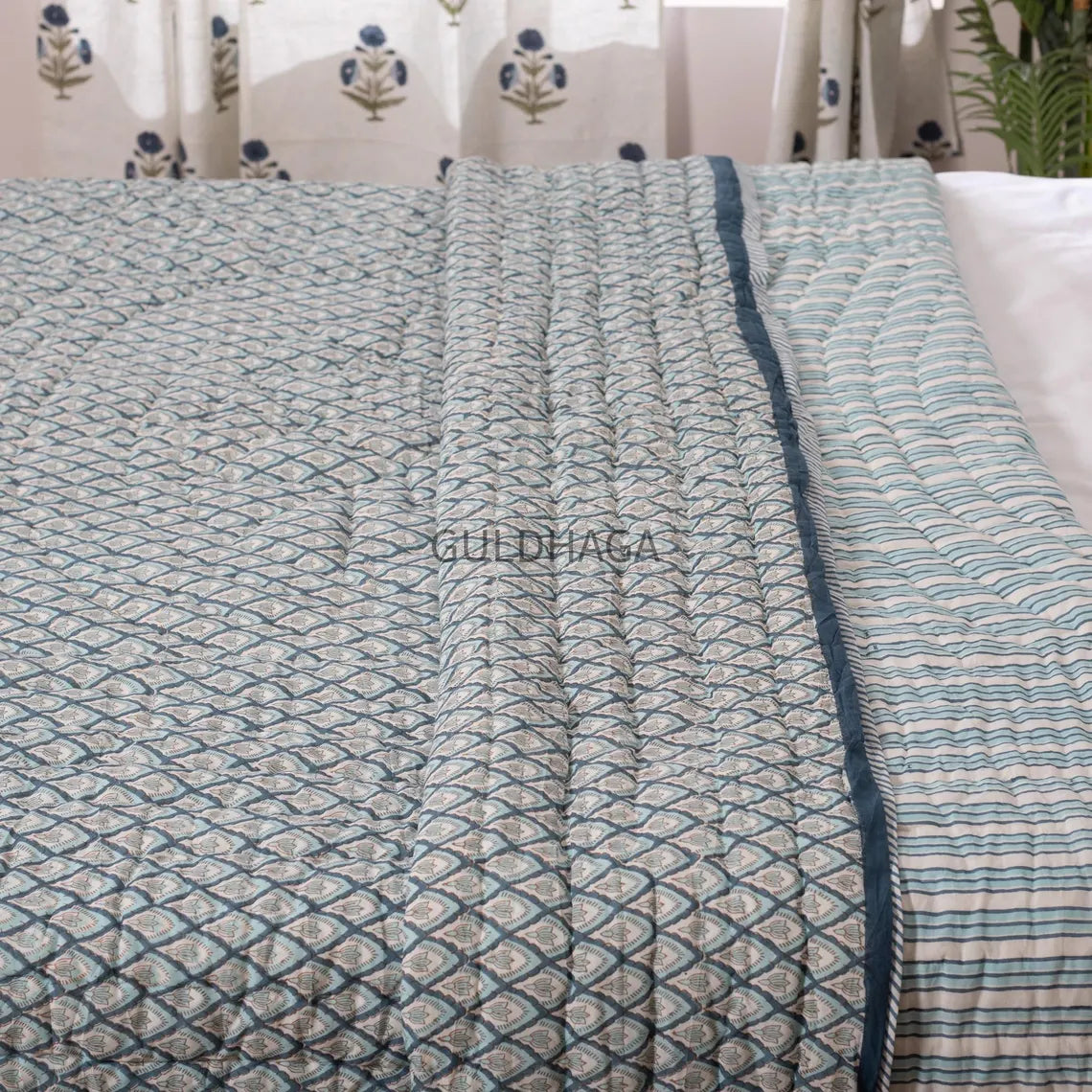 Slate blue Cotton Quilt, Indian Hand Block Printed Quilt Bedspread, Geometric Printed Queen Comforter, Soft Summer Blanket, All Season Quilt