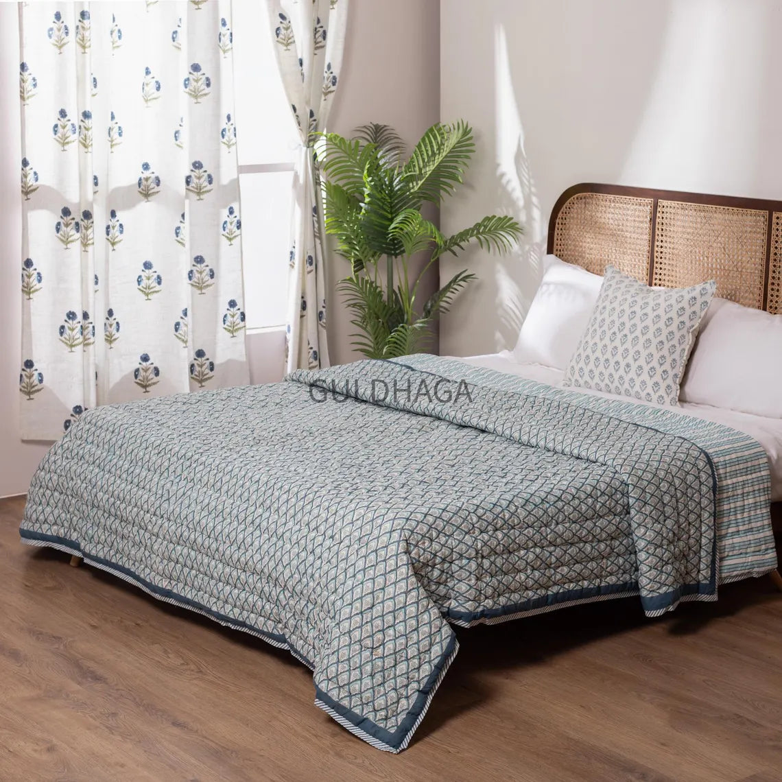Slate blue Cotton Quilt, Indian Hand Block Printed Quilt Bedspread, Geometric Printed Queen Comforter, Soft Summer Blanket, All Season Quilt