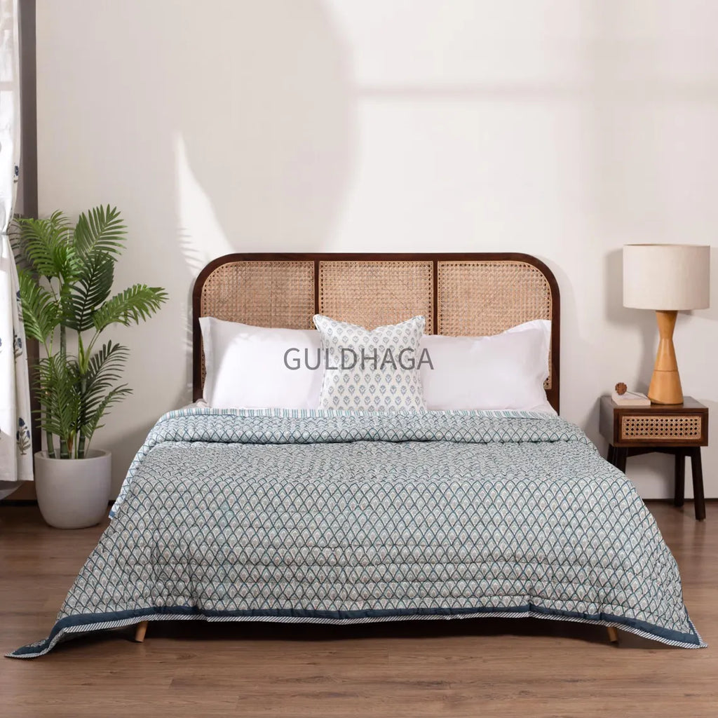 Slate blue Cotton Quilt, Indian Hand Block Printed Quilt Bedspread, Geometric Printed Queen Comforter, Soft Summer Blanket, All Season Quilt