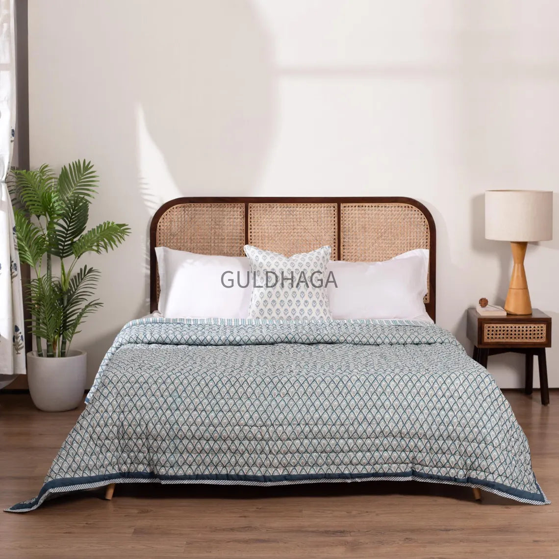 Slate blue Cotton Quilt, Indian Hand Block Printed Quilt Bedspread, Geometric Printed Queen Comforter, Soft Summer Blanket, All Season Quilt