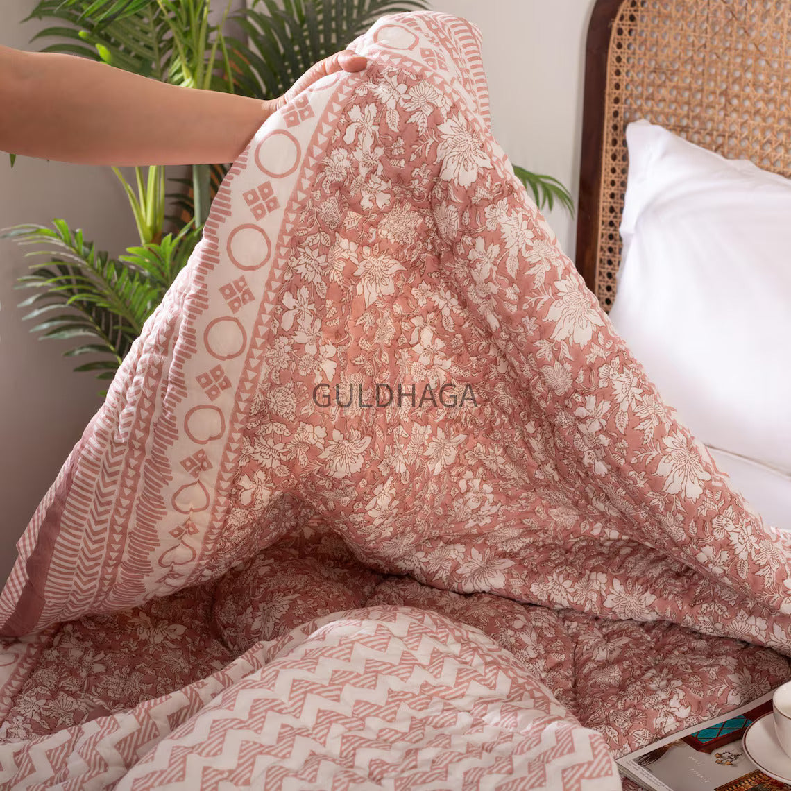 Vintage Blush Pink Block Print Quilt, All season quilt, indian boho bedding, bedroom coverlet, cotton couch throw blanket, kantha quilt