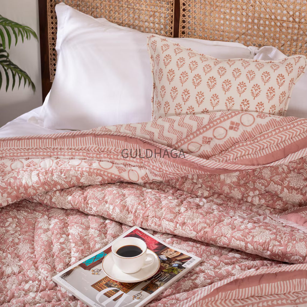 Vintage Blush Pink Block Print Quilt, All season quilt, indian boho bedding, bedroom coverlet, cotton couch throw blanket, kantha quilt