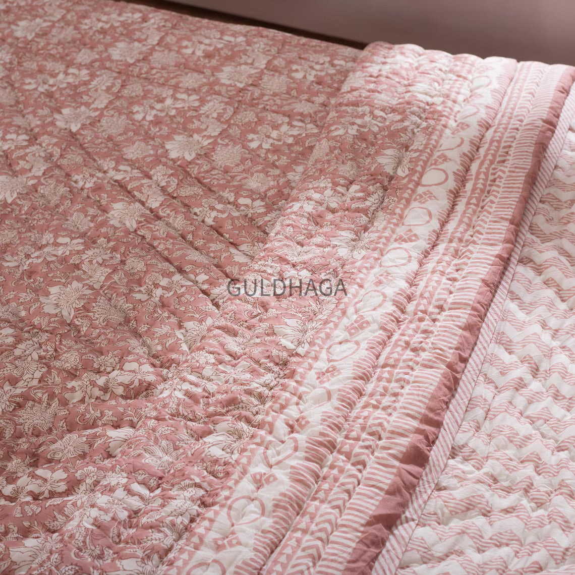 Vintage Blush Pink Block Print Quilt, All season quilt, indian boho bedding, bedroom coverlet, cotton couch throw blanket, kantha quilt