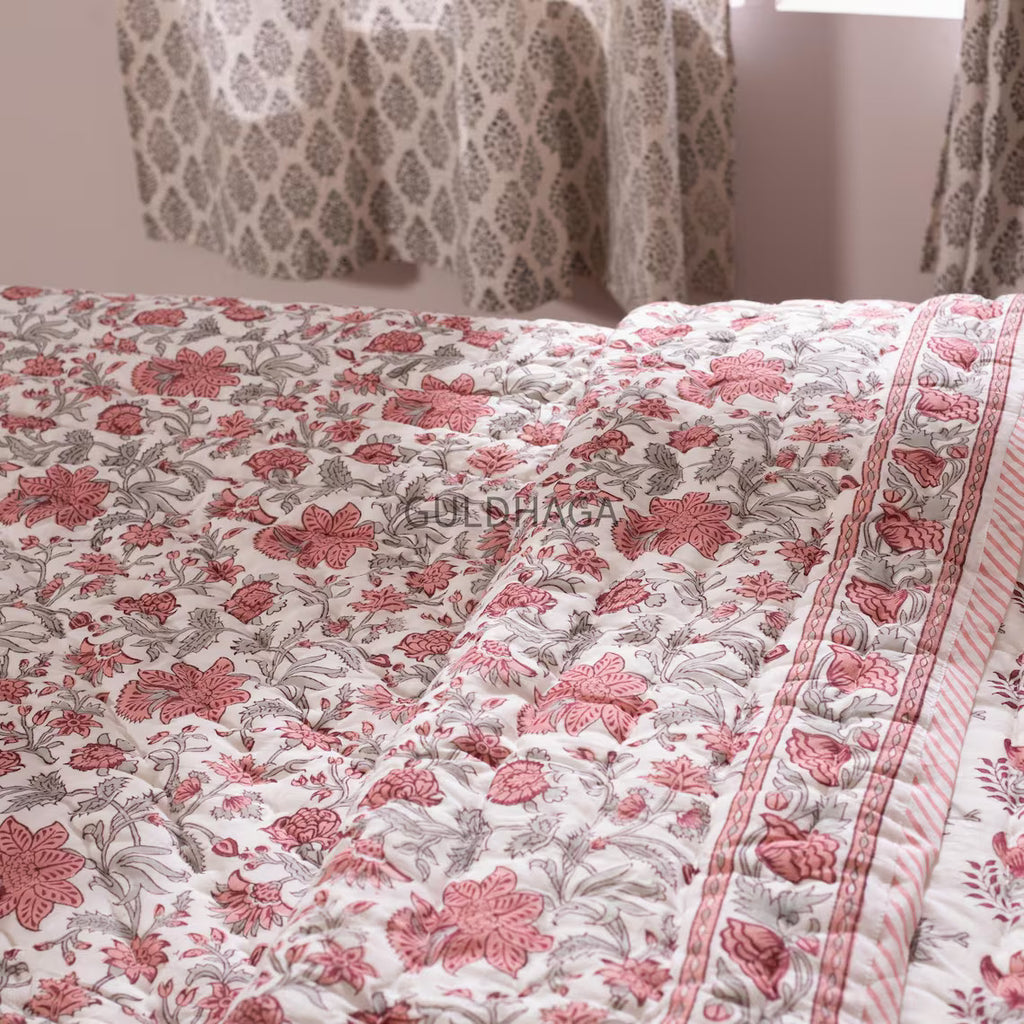 Hand Block Print Floral Cotton Quilt, Reversible Indian Boho Bedding, cotton coverlet for bedroom