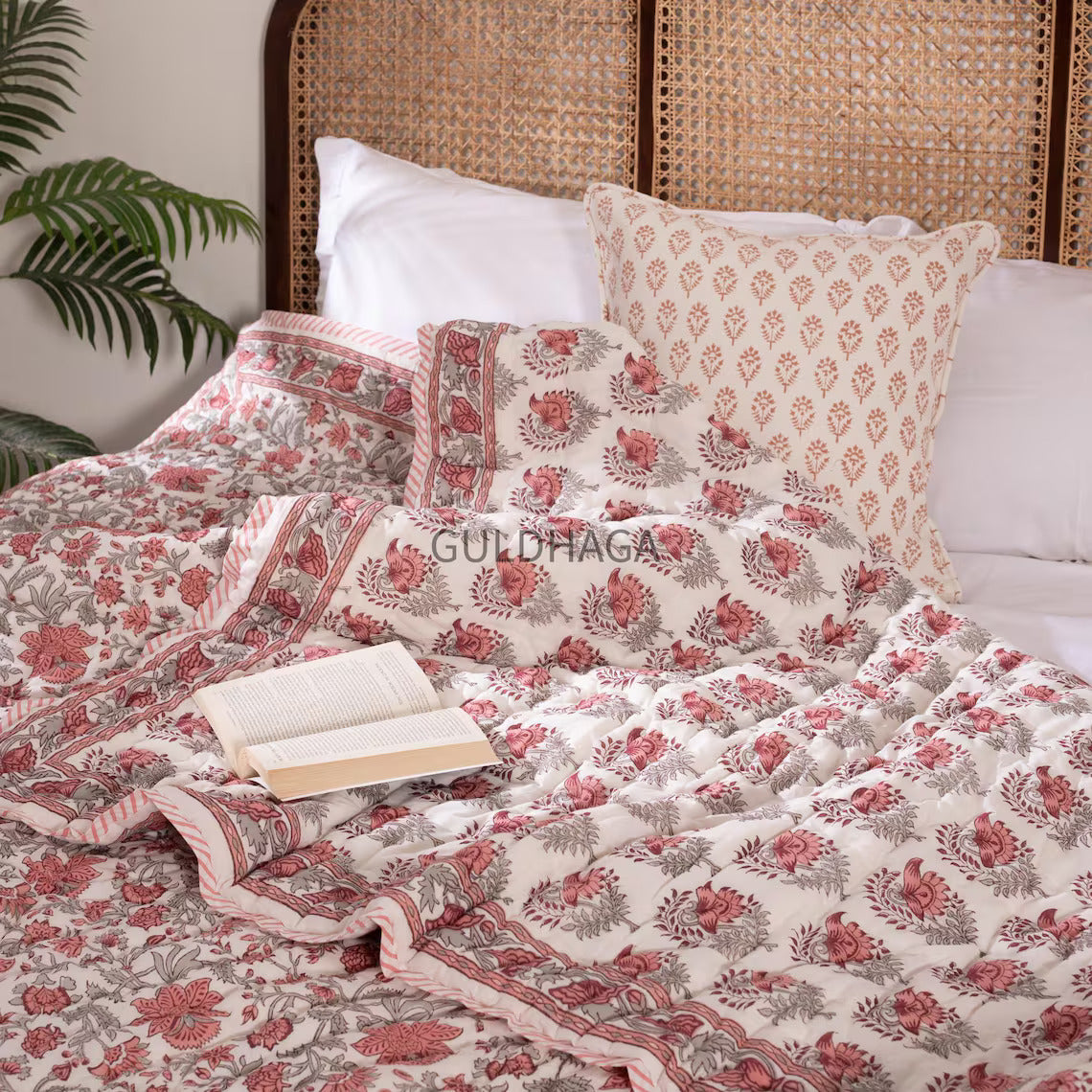 Hand Block Print Floral Cotton Quilt, Reversible Indian Boho Bedding, cotton coverlet for bedroom