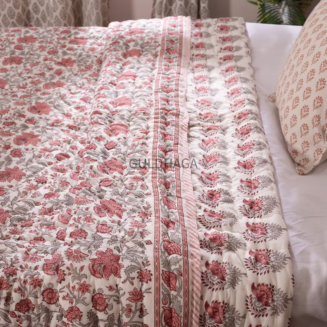 Hand Block Print Floral Cotton Quilt, Reversible Indian Boho Bedding, cotton coverlet for bedroom
