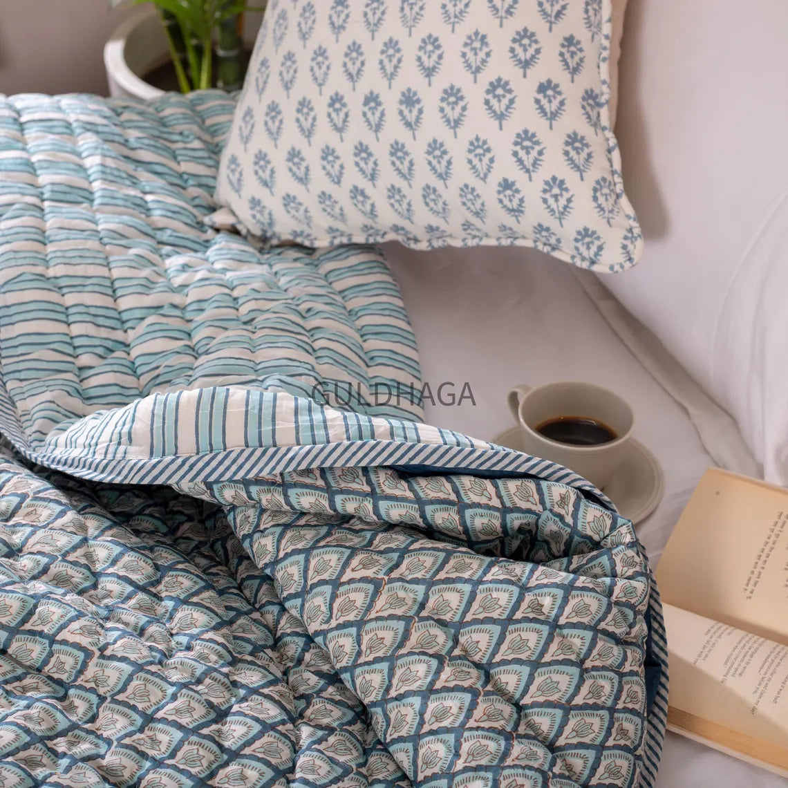 Slate blue Cotton Quilt, Indian Hand Block Printed Quilt Bedspread, Geometric Printed Queen Comforter, Soft Summer Blanket, All Season Quilt