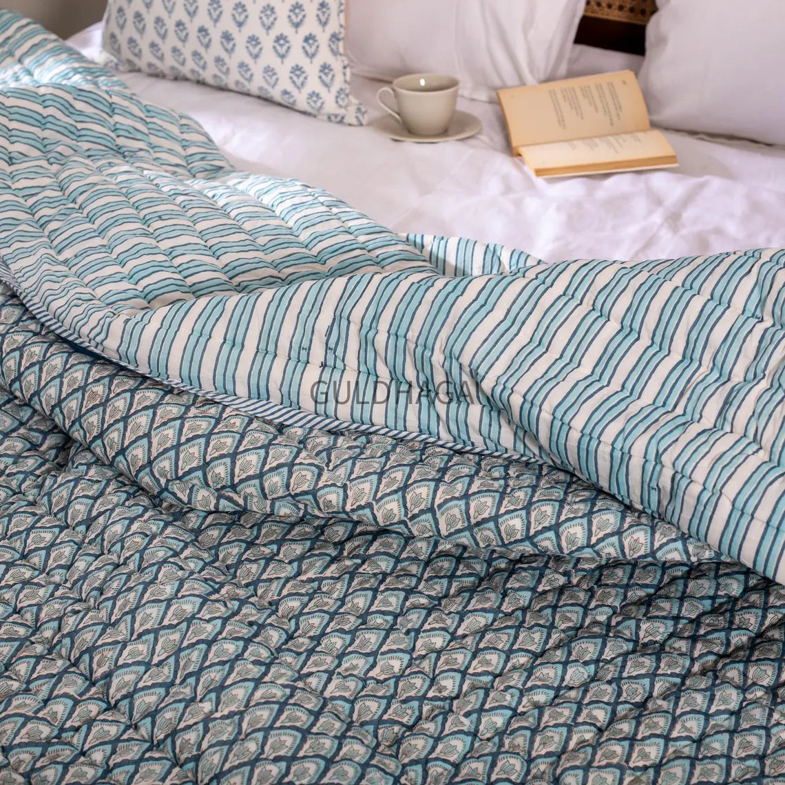 Slate blue Cotton Quilt, Indian Hand Block Printed Quilt Bedspread, Geometric Printed Queen Comforter, Soft Summer Blanket, All Season Quilt
