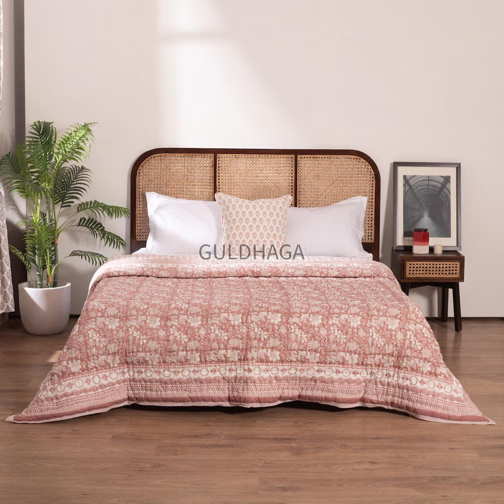 Vintage Blush Pink Block Print Quilt, All season quilt, indian boho bedding, bedroom coverlet, cotton couch throw blanket, kantha quilt
