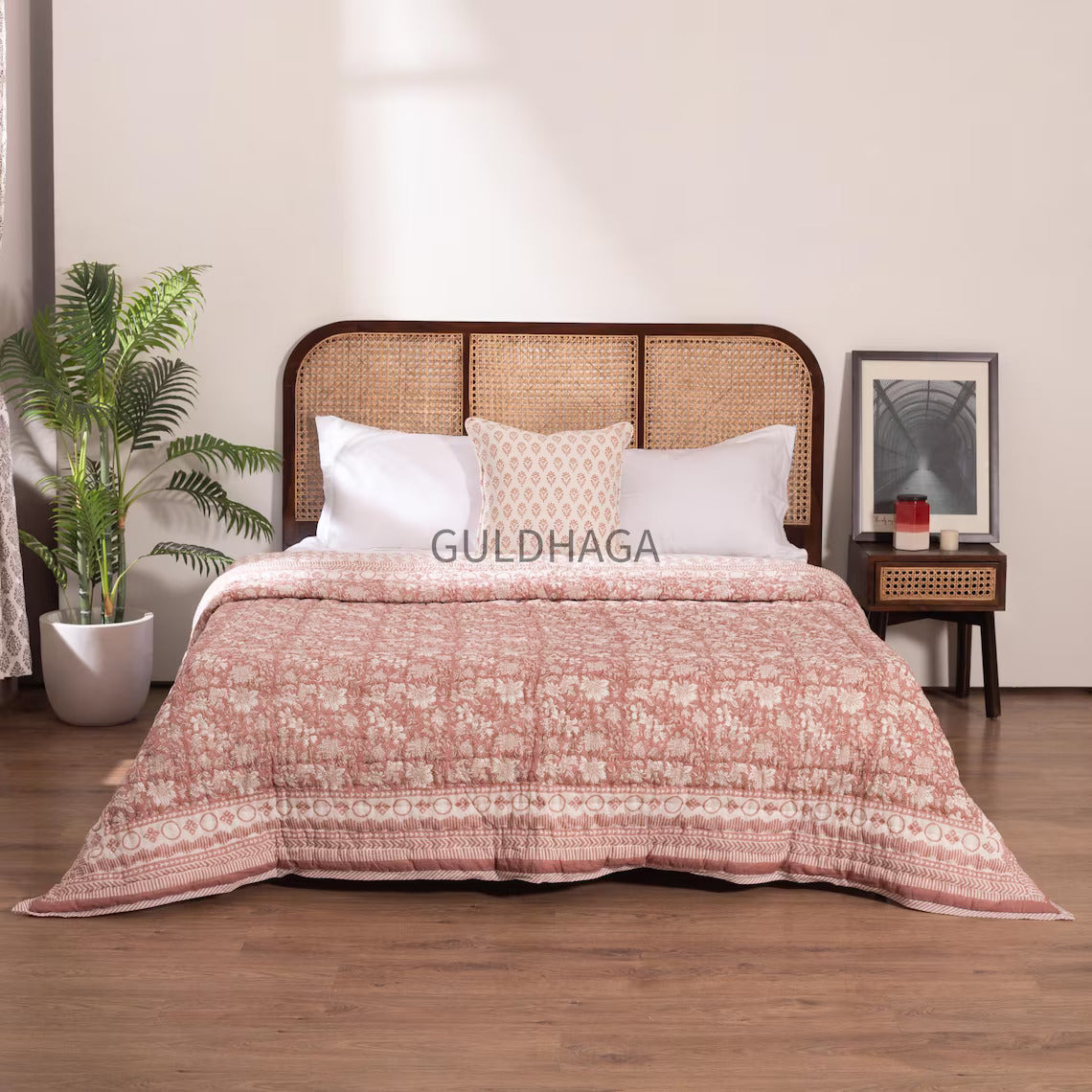 Vintage Blush Pink Block Print Quilt, All season quilt, indian boho bedding, bedroom coverlet, cotton couch throw blanket, kantha quilt
