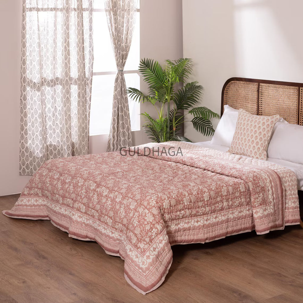 Vintage Blush Pink Block Print Quilt, All season quilt, indian boho bedding, bedroom coverlet, cotton couch throw blanket, kantha quilt