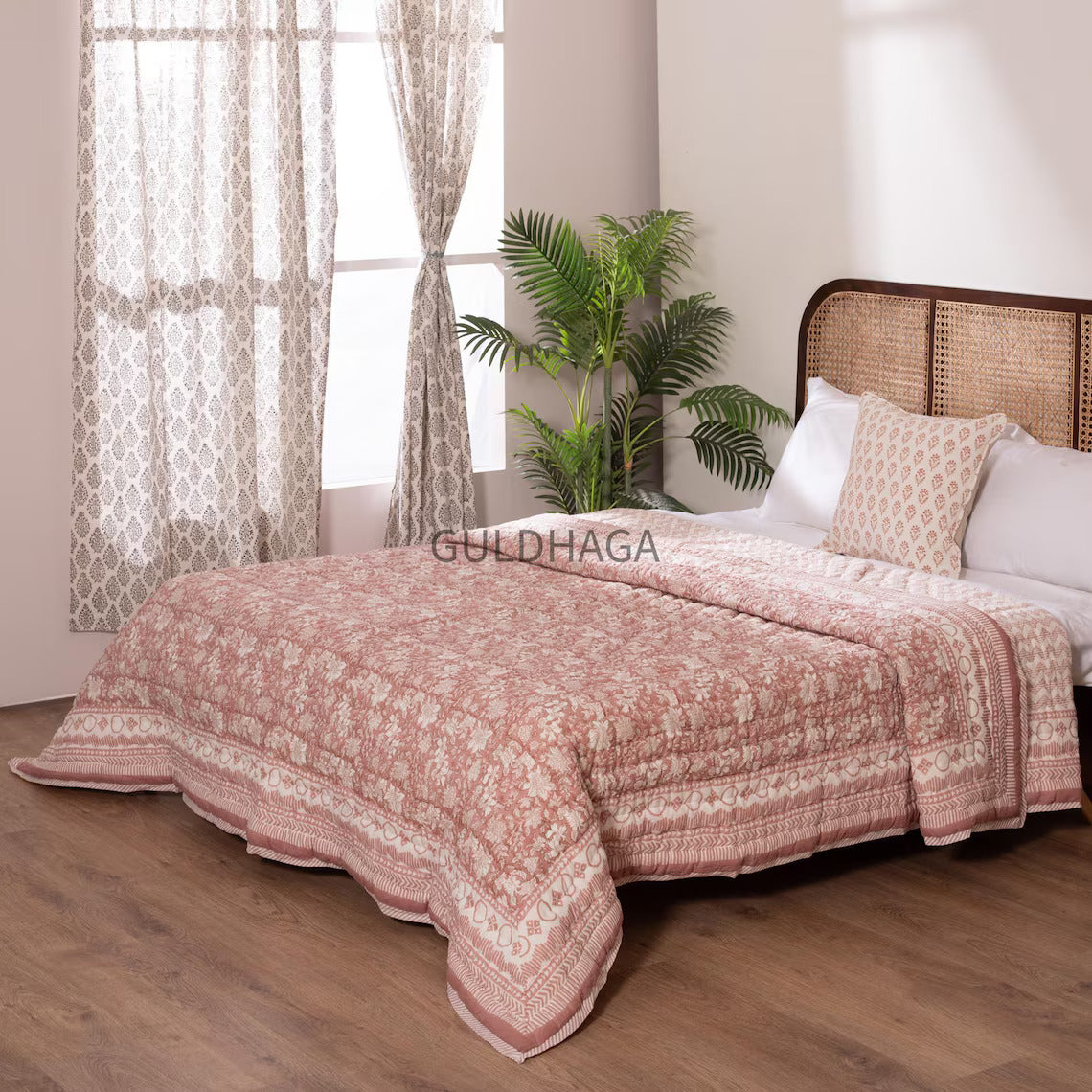 Vintage Blush Pink Block Print Quilt, All season quilt, indian boho bedding, bedroom coverlet, cotton couch throw blanket, kantha quilt