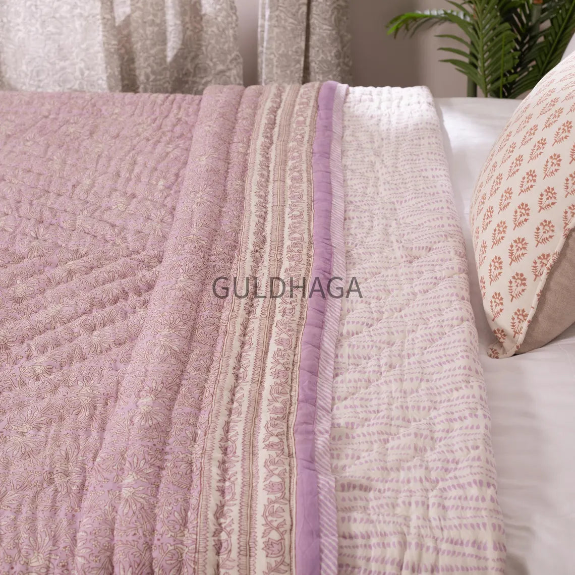 light purple Hand Block Print Cotton Quilt, Floral Indian Bedding, Reversible coverlet, king comforter, All season quilt, Anokhi quilt