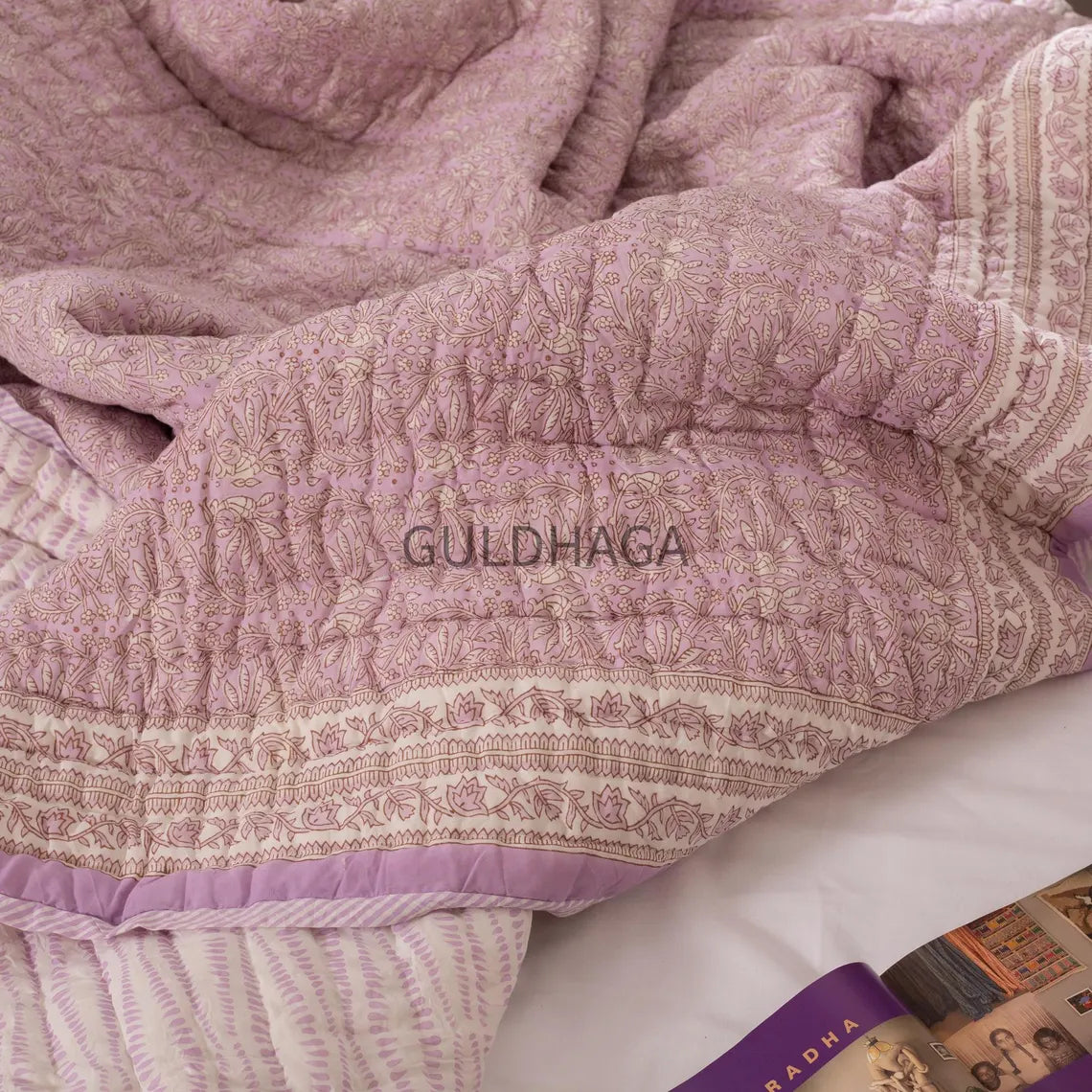 light purple Hand Block Print Cotton Quilt, Floral Indian Bedding, Reversible coverlet, king comforter, All season quilt, Anokhi quilt