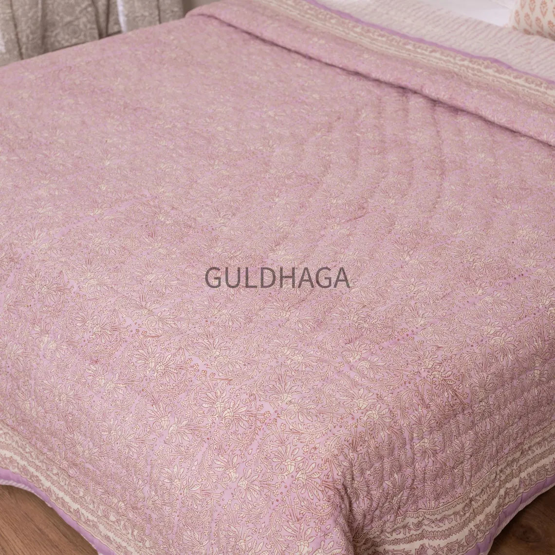 light purple Hand Block Print Cotton Quilt, Floral Indian Bedding, Reversible coverlet, king comforter, All season quilt, Anokhi quilt
