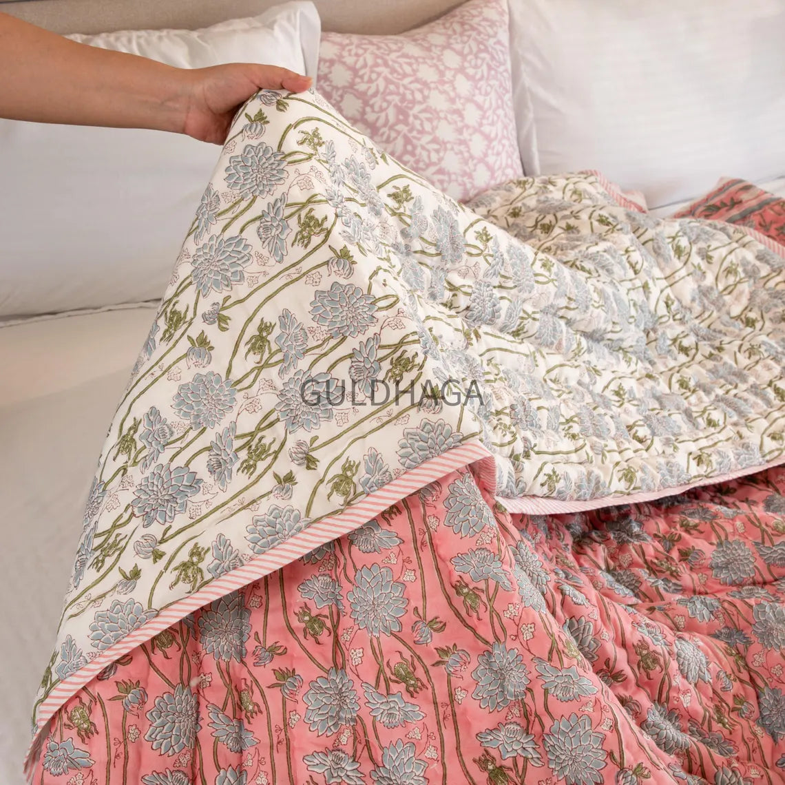 Dark Pale Hand Block Printed Quilt, Kantha Quilt, Handmade Floral Reversible Quilt, Queen Size Quilt for sale, Throw Blanket For couch