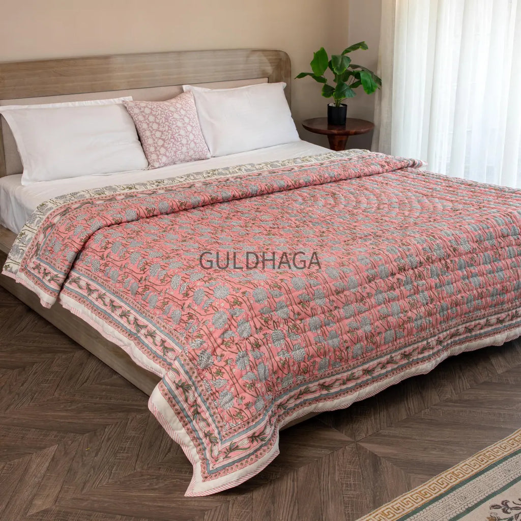 Dark Pale Hand Block Printed Quilt, Kantha Quilt, Handmade Floral Reversible Quilt, Queen Size Quilt for sale, Throw Blanket For couch