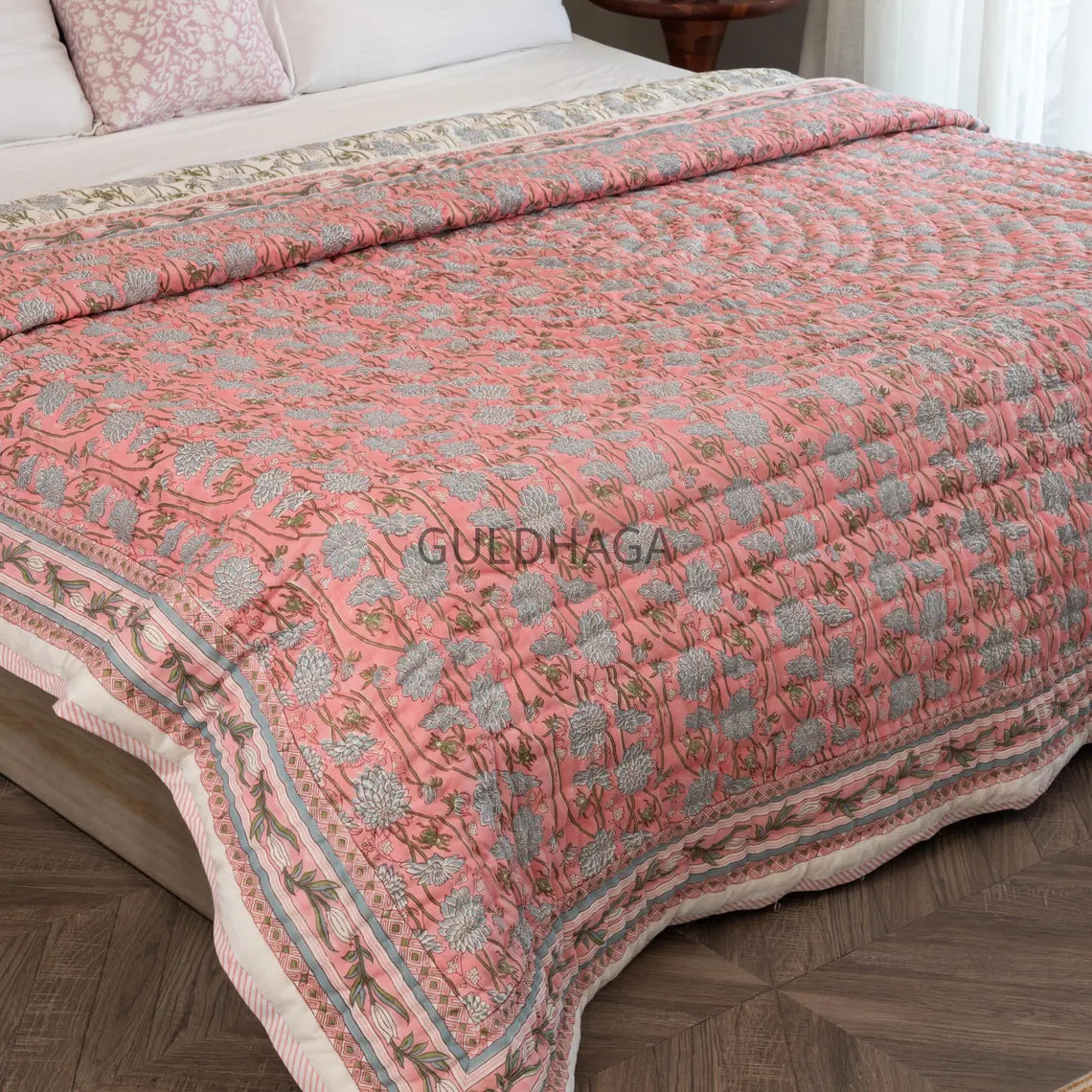 Dark Pale Hand Block Printed Quilt, Kantha Quilt, Handmade Floral Reversible Quilt, Queen Size Quilt for sale, Throw Blanket For couch