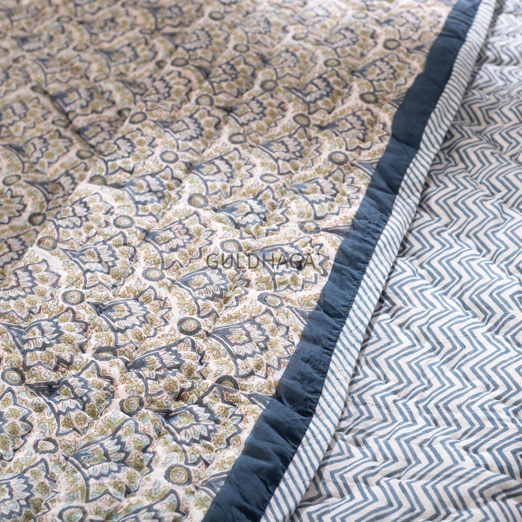 Anokhi Block Printed Cotton Quilt, Reversible Floral Quilt, Jaipuri Razai, Queen Bedding Cotton Bedspread, throw blanket for couch