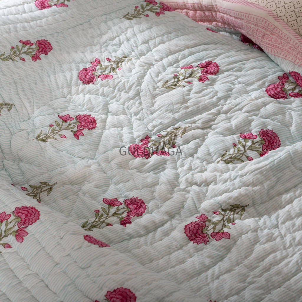 Dusty Rose Block Print Cotton Quilt, Floral Cotton Bedding, Handmade Boho throw, Reversible Bedspread for Twin quilt, housewarming gift