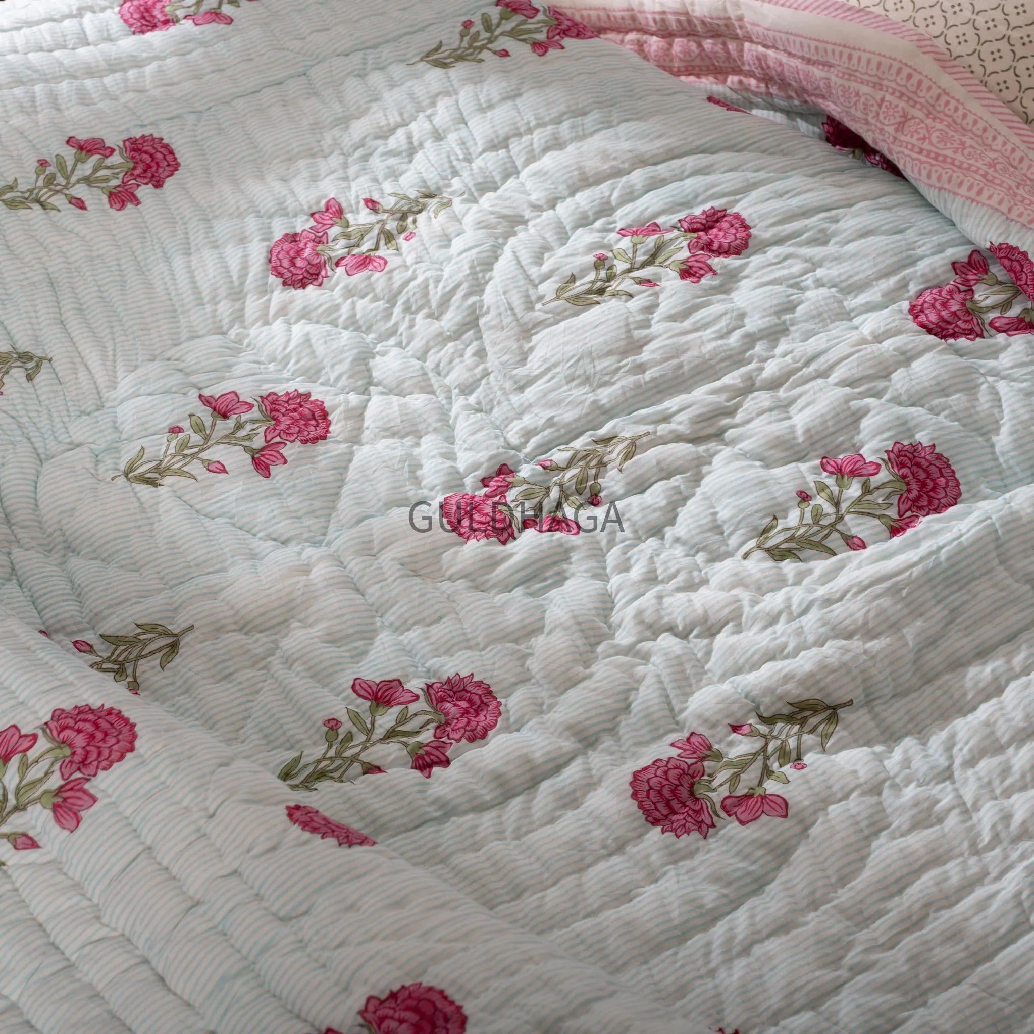 Dusty Rose Block Print Cotton Quilt, Floral Cotton Bedding, Handmade Boho throw, Reversible Bedspread for Twin quilt, housewarming gift