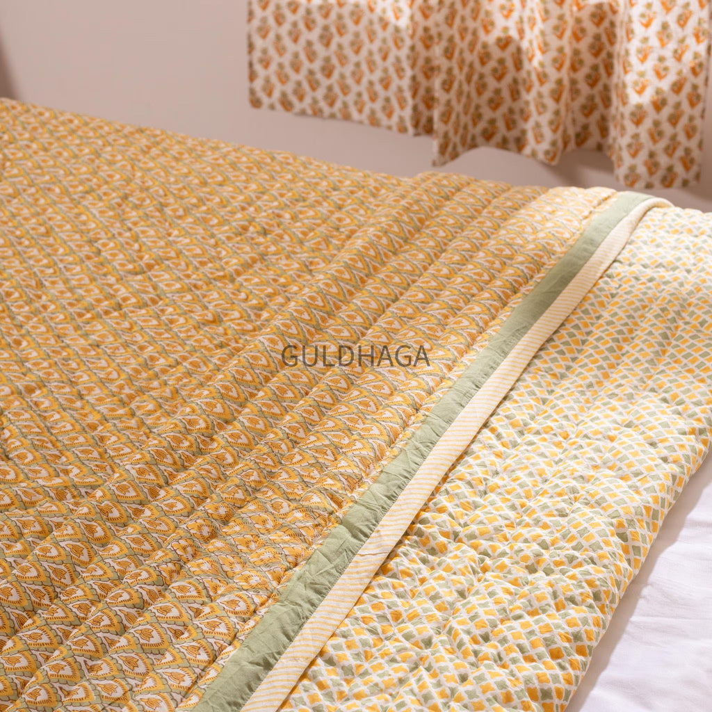 Comforter Quilt Hand Block Printed 100% Pure Cotton Cloth Quilted Throw Blanket Cover for Couch and Bed Lap Bedding Coverlet Oversized Quilt