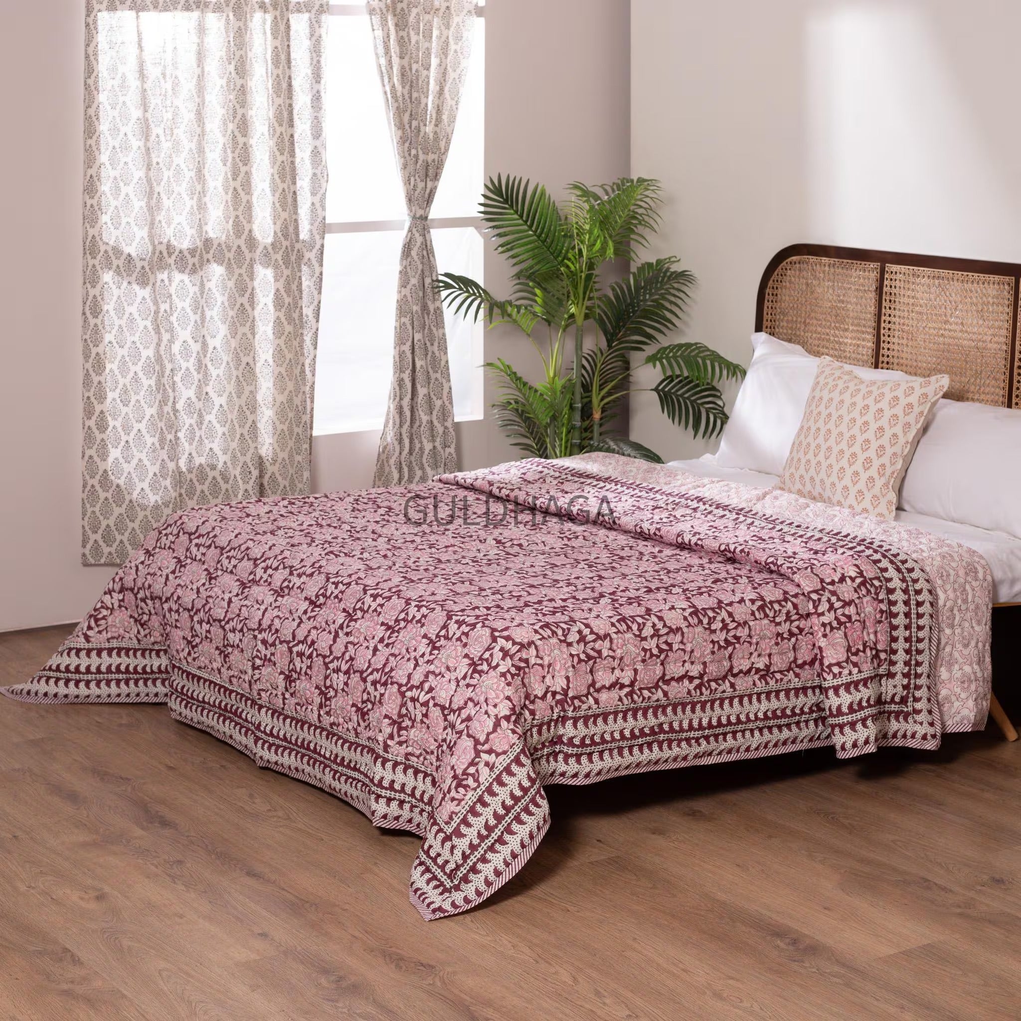 Deep berry wine Block Print Cotton Quilt, Cotton Bedding, Handmade Indian Boho Quilt, Reversible Bedspread for Twin Queen King Bed