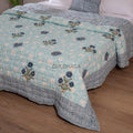 Seafoam and Deep Indigo Handmade Indian Cotton Quilt, Block Printed King Soft Quilt, Cotton Comforter, Boho Reversible quilt, couch Coverlet