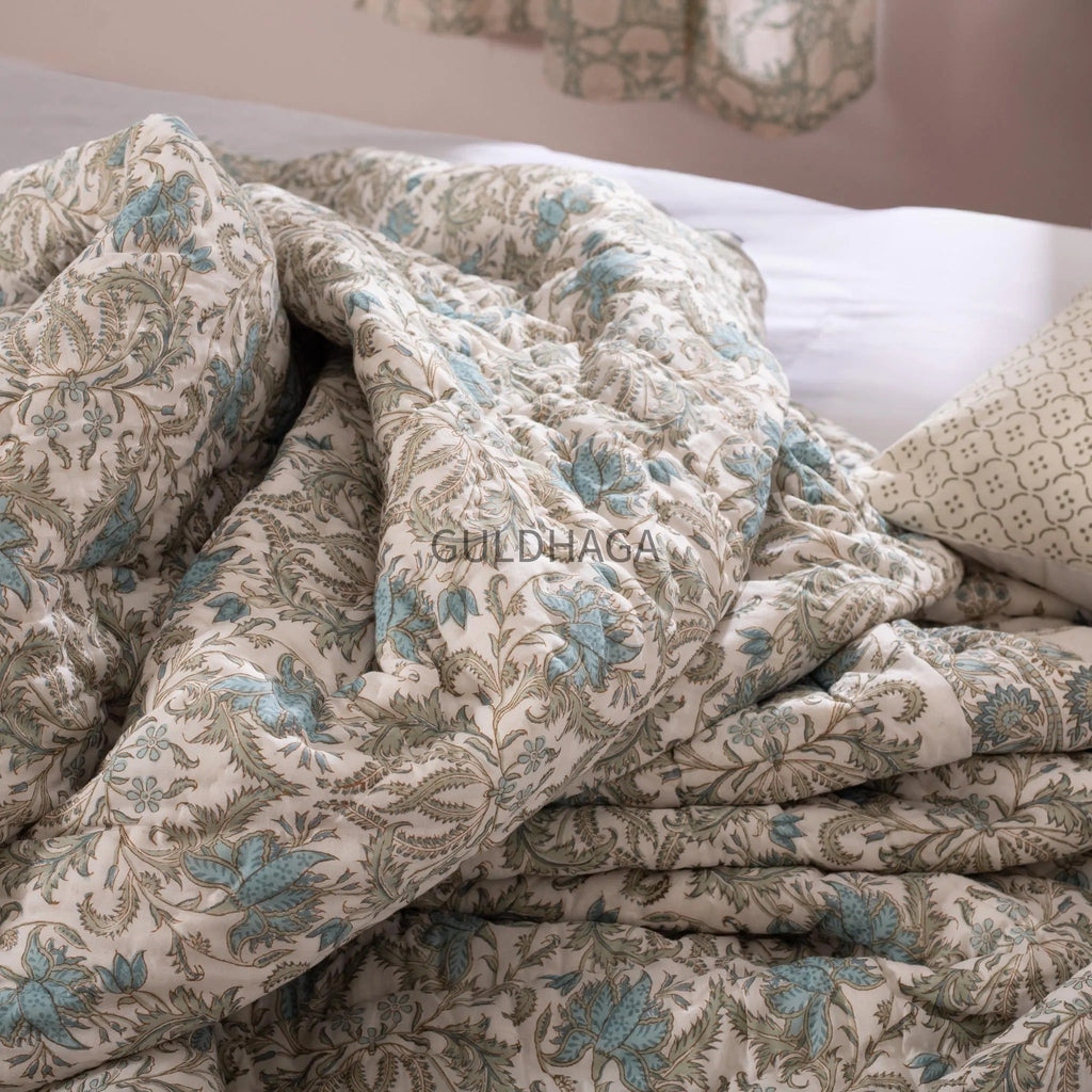Hand Block Print Cotton Quilt, Blue and Sage Floral Indian Bedding, Reversible Bedspread, Queen comforter, All season quilt, Anokhi quilt