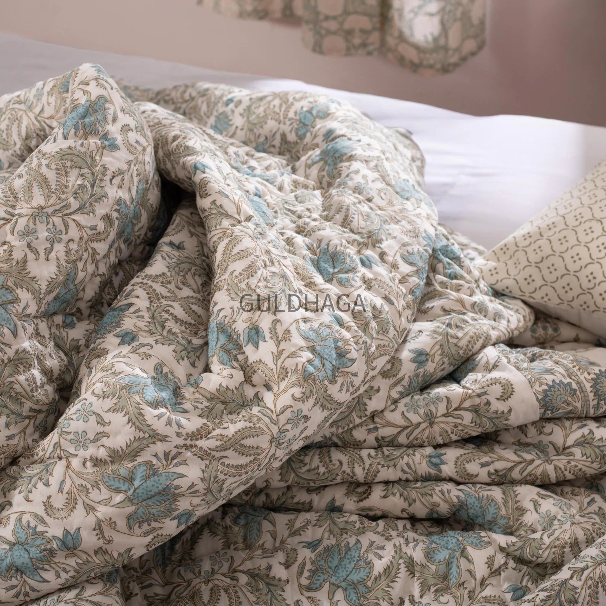 Hand Block Print Cotton Quilt, Blue and Sage Floral Indian Bedding, Reversible Bedspread, Queen comforter, All season quilt, Anokhi quilt