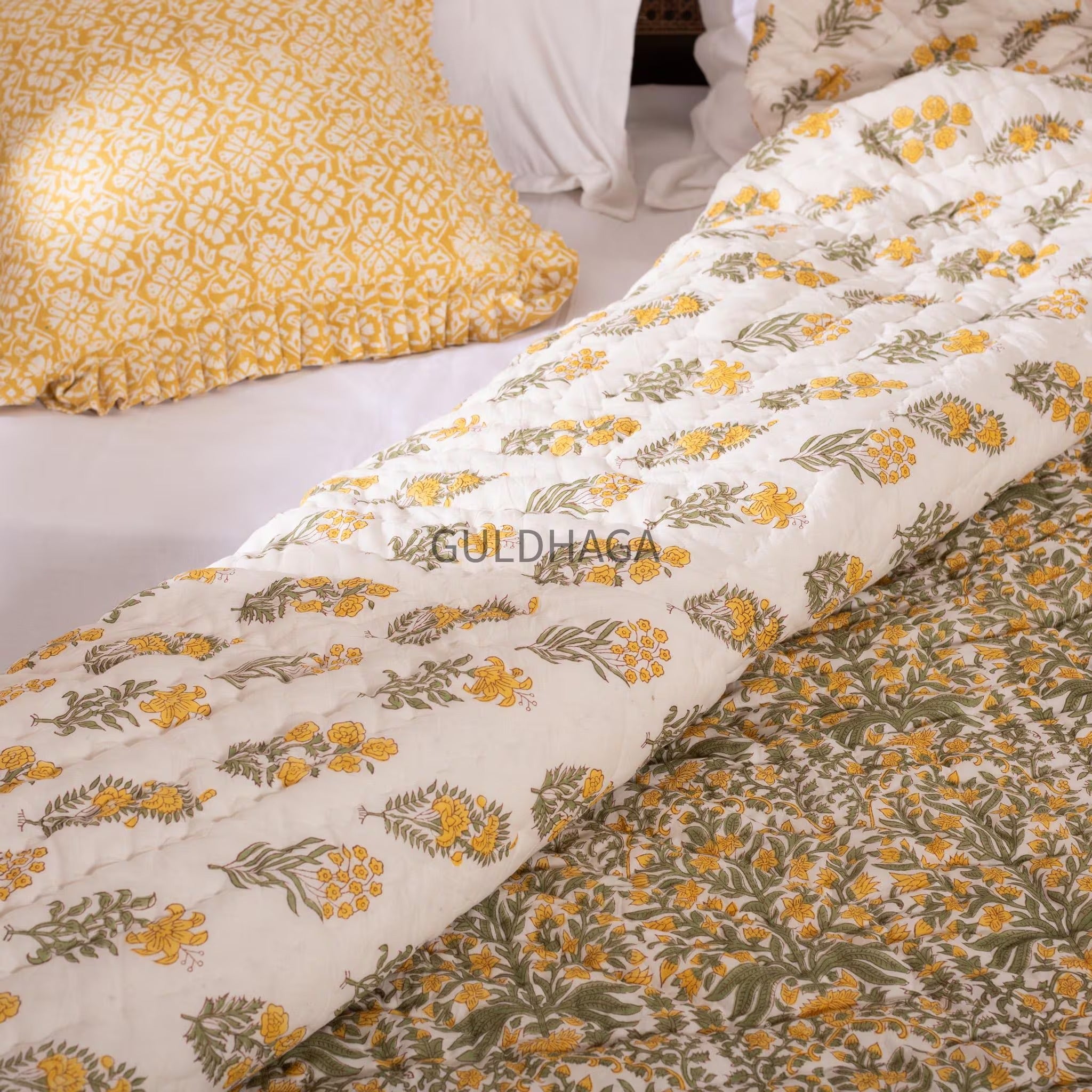 Ivory with mustard yellow olive green floral block printed quilt, cotton comforter for sale, queen size reversible bedspread, twin bedding