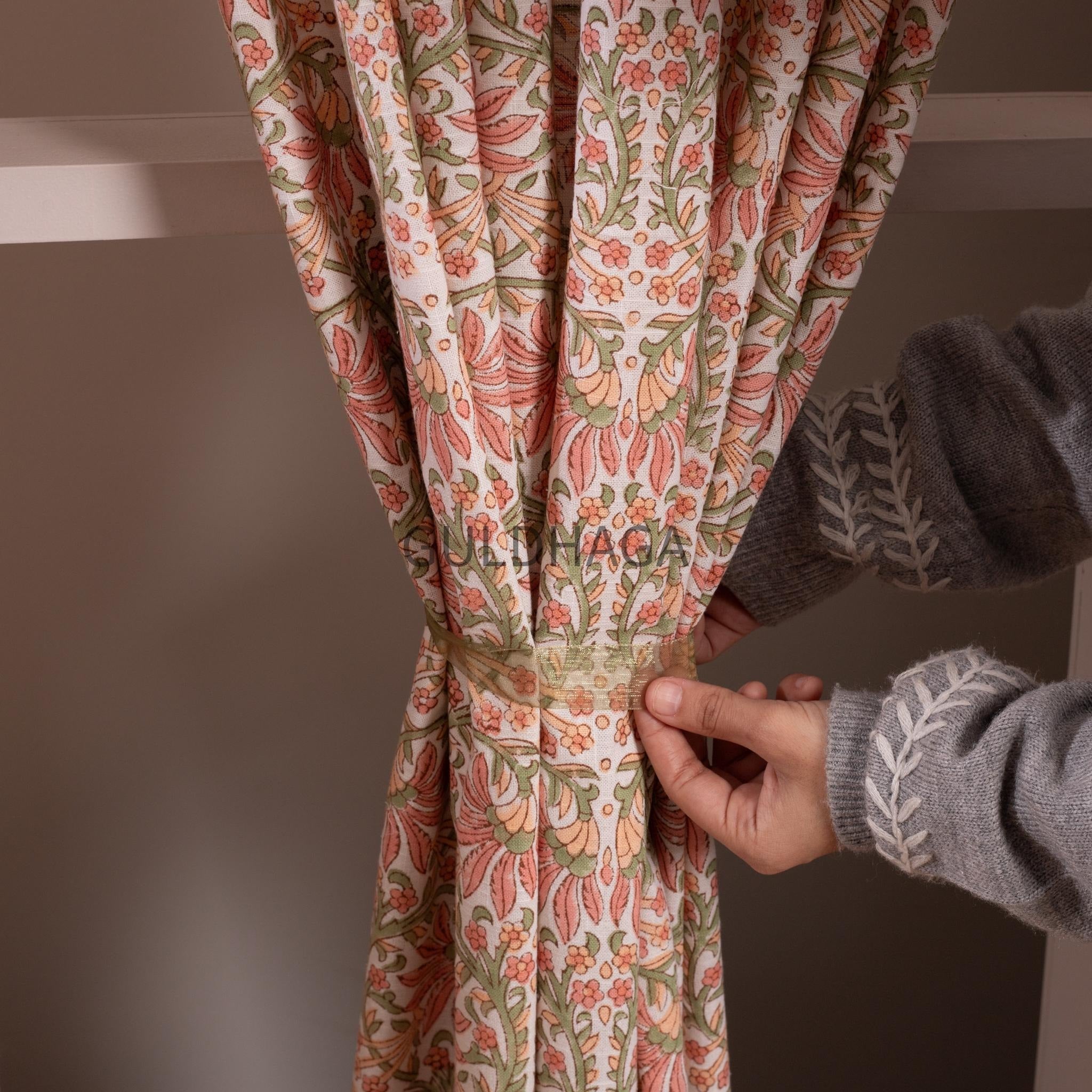 coral peach slub Curtain, Heavy Weight Hand block printed Semi Blackout Bedroom Curtain, Boho Curtains, window treatment, farmhouse curtain