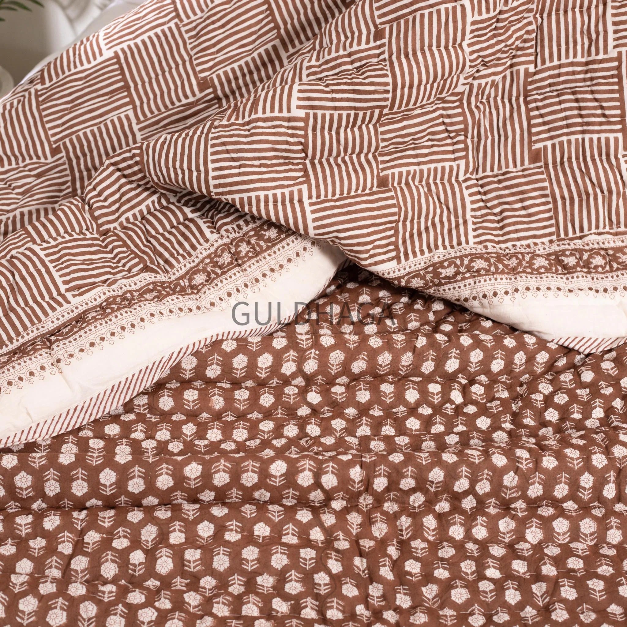 Brown Summer Block Print Cotton Quilt, Boho Cotton Bedding, Handmade Indian bedspread, Reversible throw for Twin bedroom, All season quilt