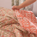 Coral Summer Block Print Cotton Quilt, Boho Cotton Bedding, Handmade Indian bedspread, Reversible throw for Twin bedroom, All season quilt