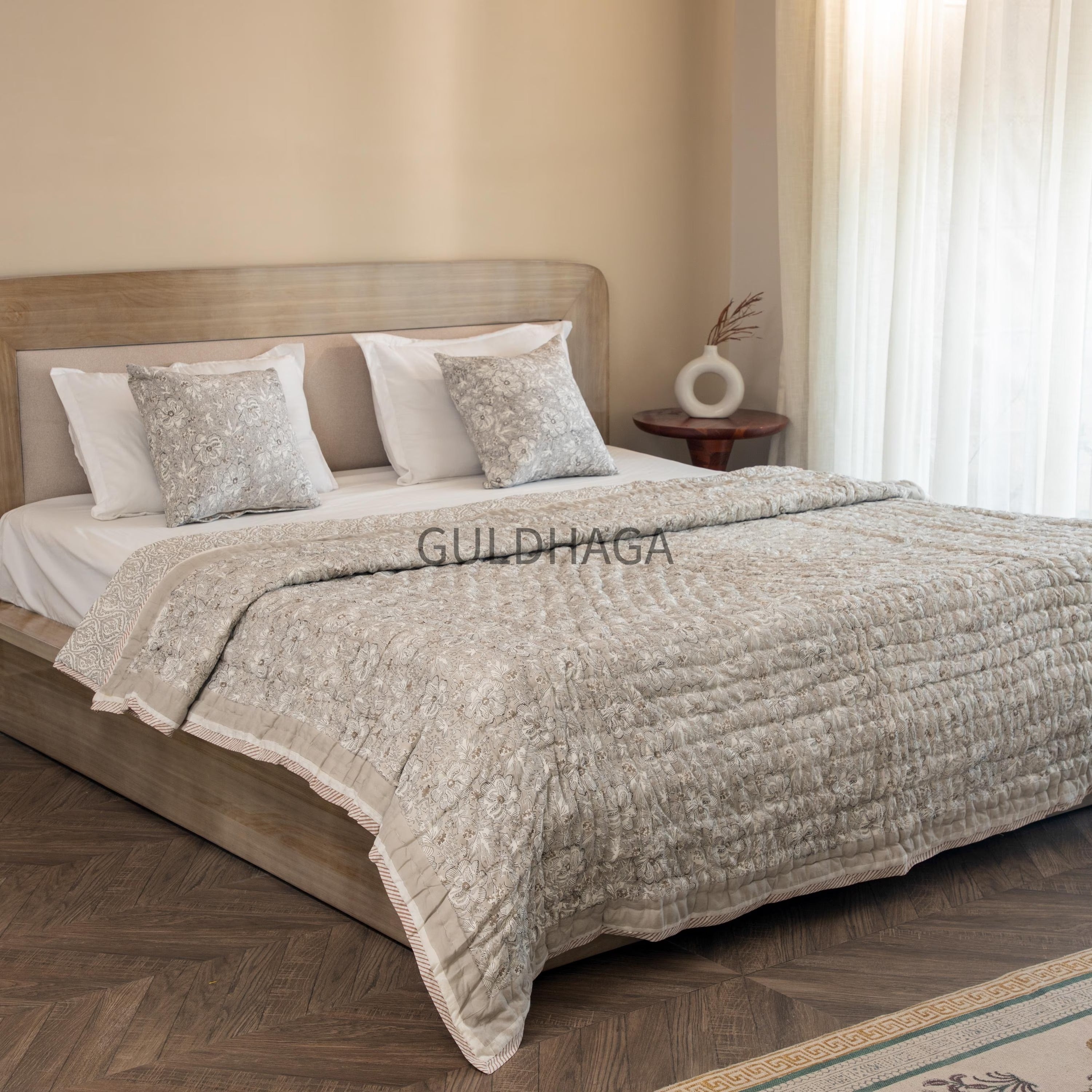Stone Grey Block Print Cotton Quilt, Floral Cotton Bedding, Handmade Boho throw, Reversible Bedspread for Twin quilt, housewarming gift