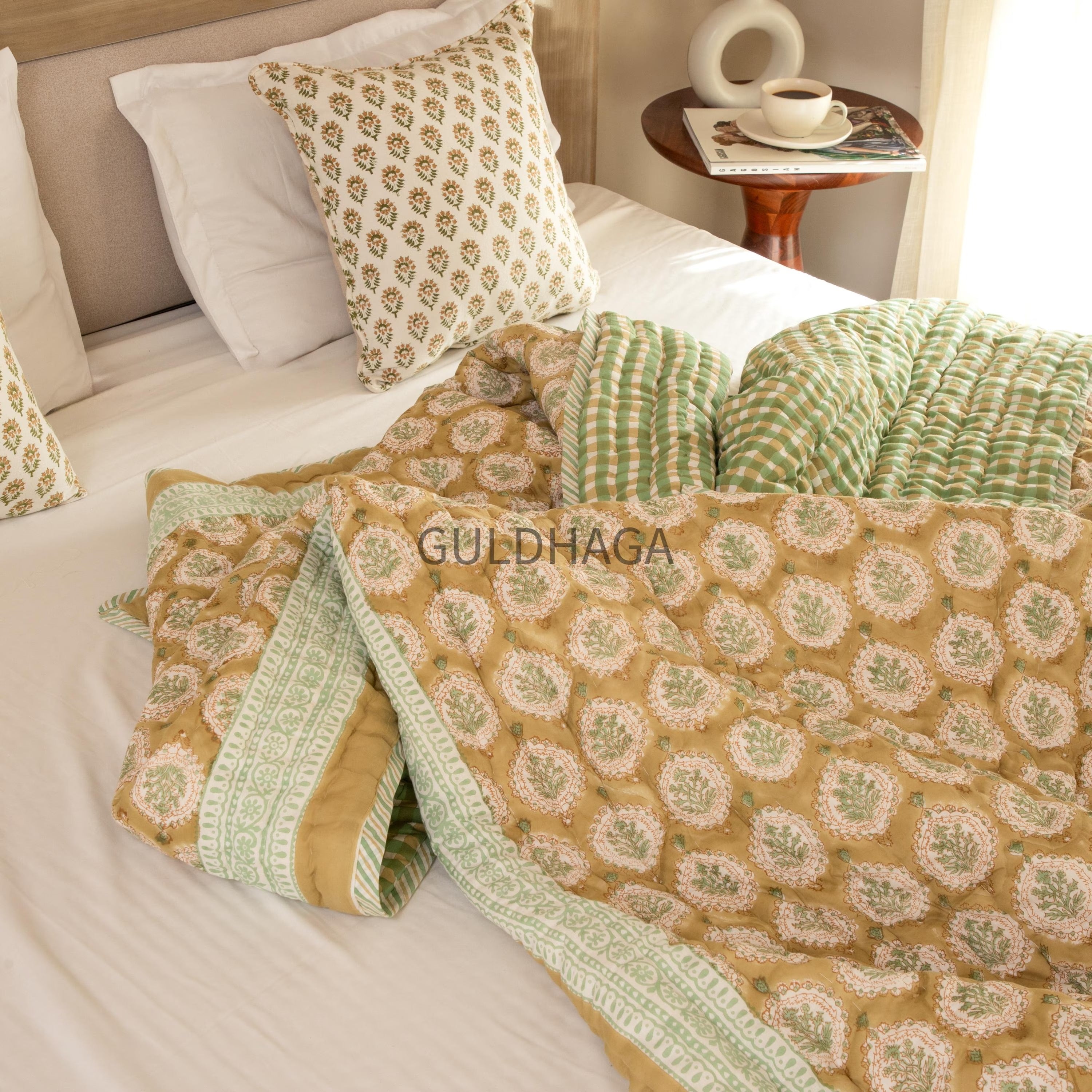 Sage Gingham & Honey Hand Block Print Cotton Quilt, Floral Indian Bedding, Reversible coverlet, king comforter, All season quilt, Anokhi qui