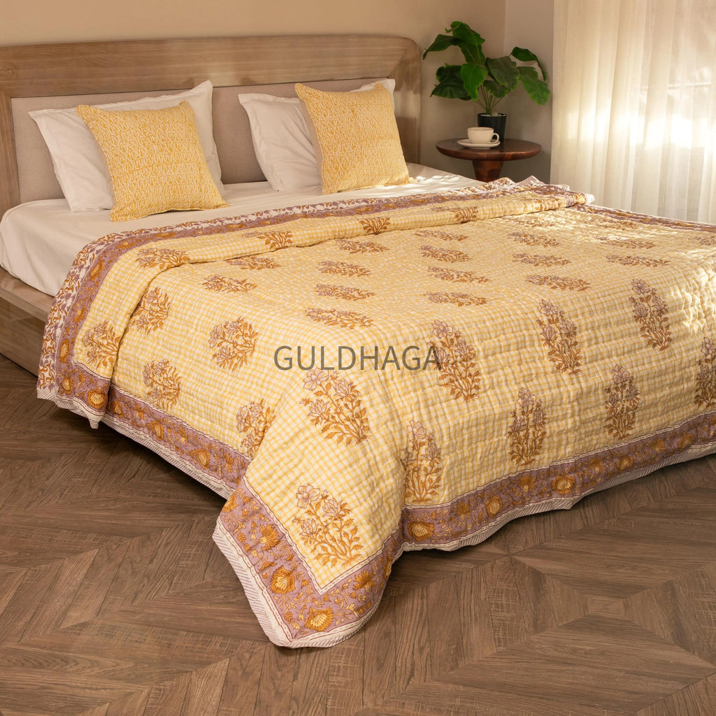 Sunlit Yellow & Lavender Hand Block Print Cotton Quilt, Floral Indian Bedding, Reversible coverlet, All season quilt, Anokhi quilt