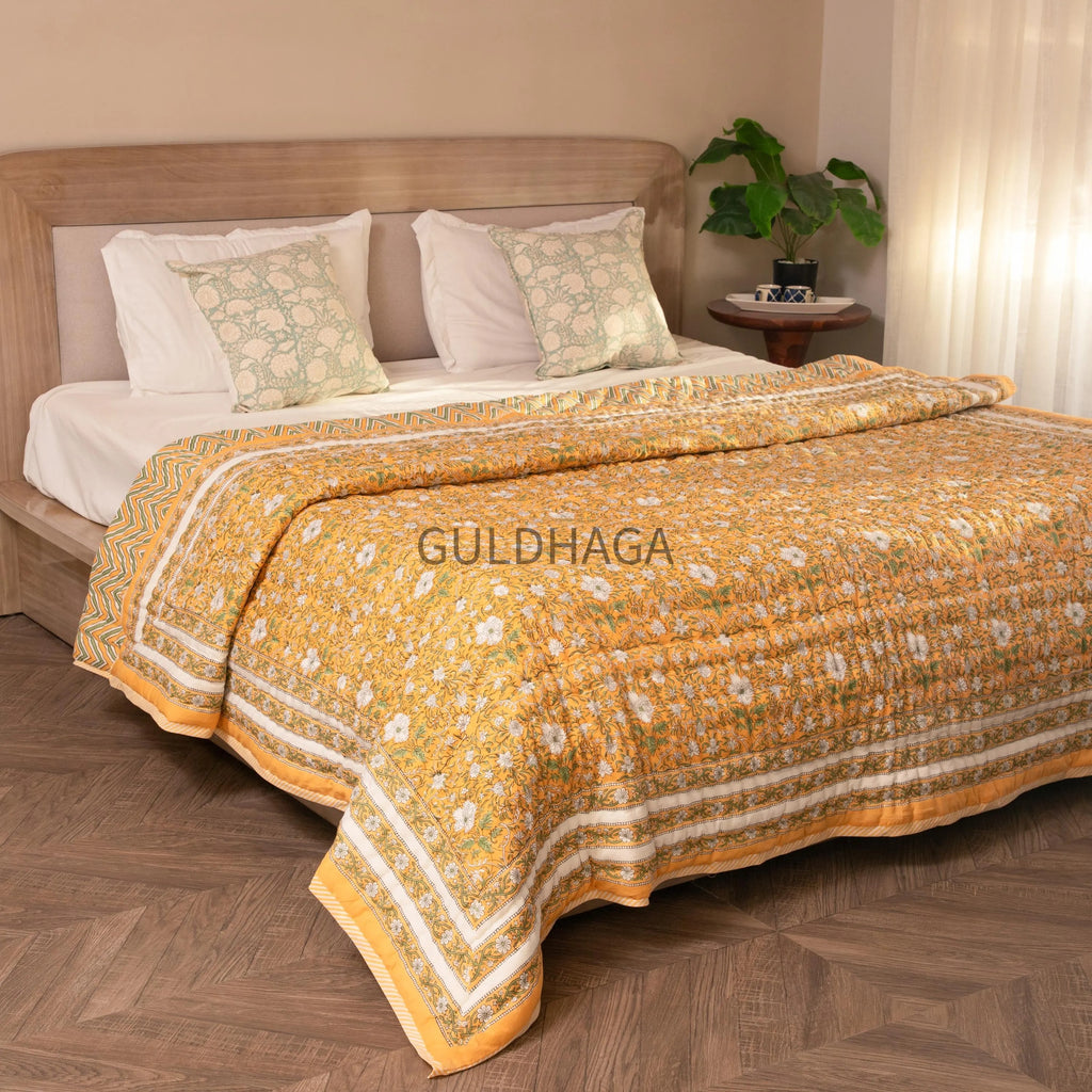 Golden Daisy Meadow Block Printed 100% Pure Cotton Cloth Quilted Throw Blanket Cover for Couch and Bed Lap Bedding Coverlet Oversized Quilt