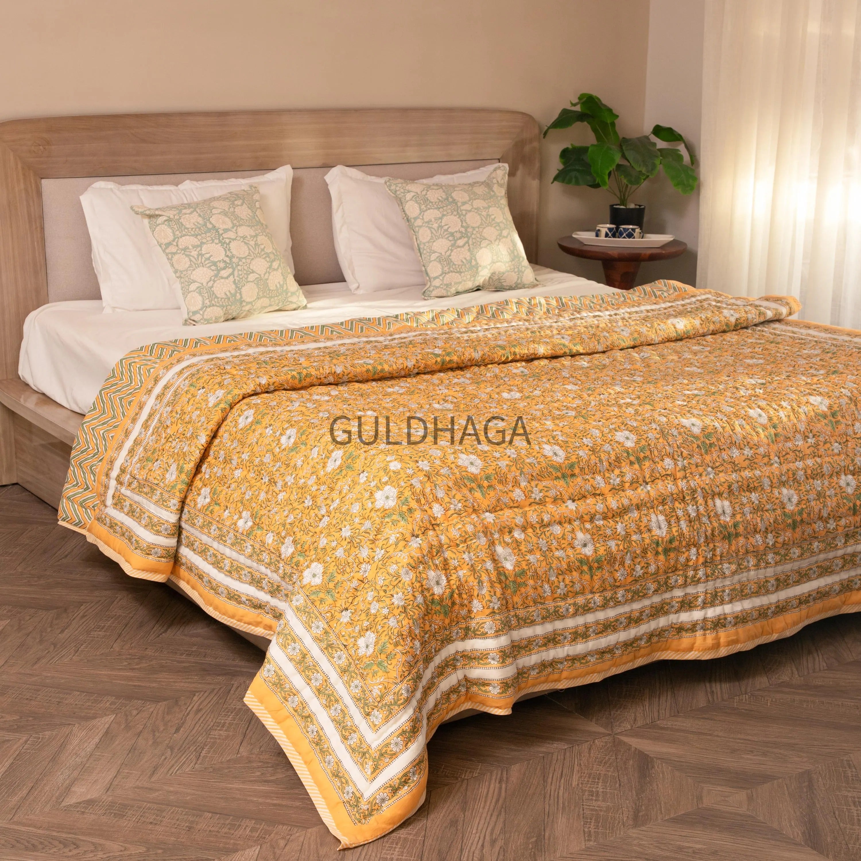 Golden Daisy Meadow Block Printed 100% Pure Cotton Cloth Quilted Throw Blanket Cover for Couch and Bed Lap Bedding Coverlet Oversized Quilt