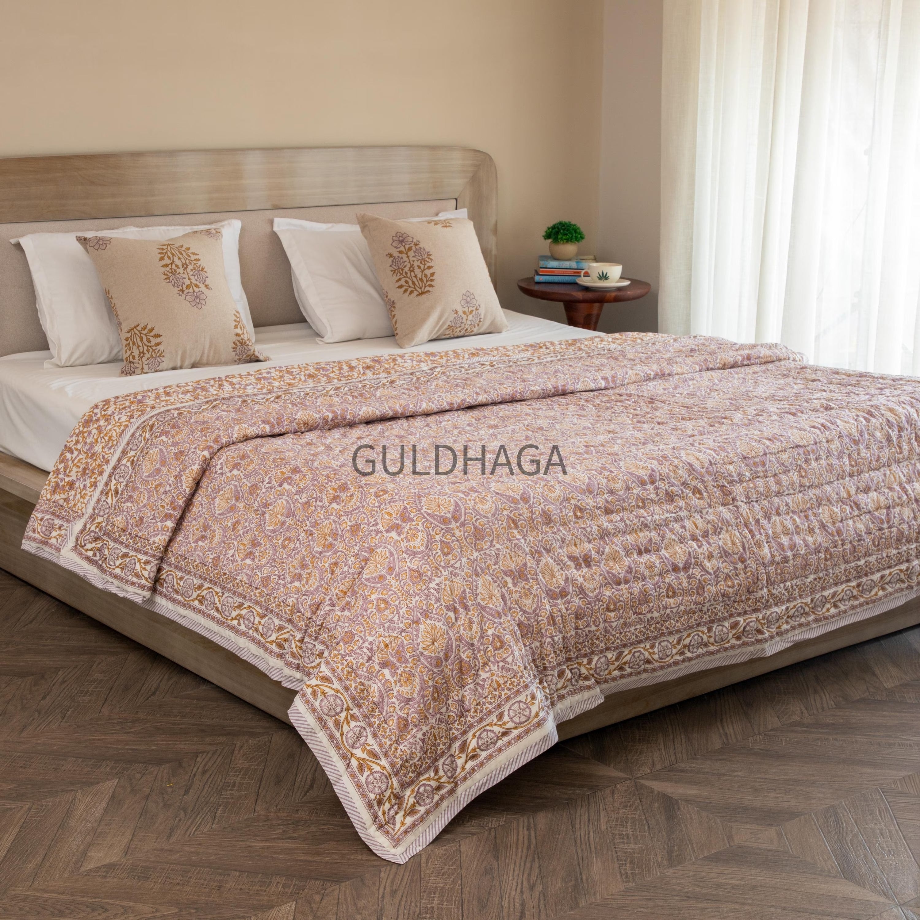 light purple Hand Block Print Cotton Quilt, Floral Indian Bedding, Reversible coverlet, king comforter, All season quilt, Anokhi quilt