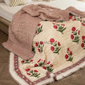 Flax Beige & Poppy Red Handmade Indian Cotton Quilt, Block Printed King Soft Quilt, Cotton Comforter, Boho Reversible quilt, couch Coverlet
