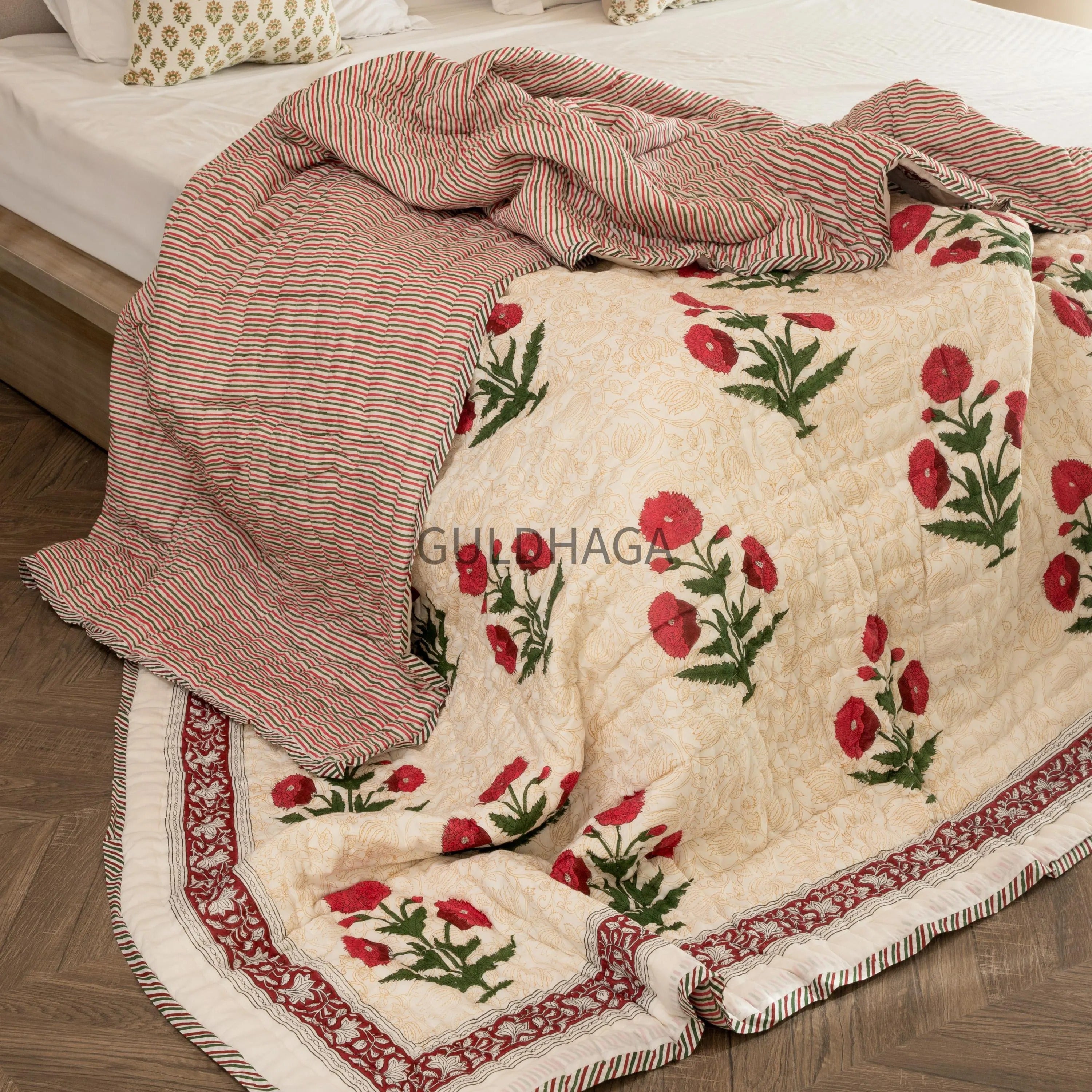 Flax Beige & Poppy Red Handmade Indian Cotton Quilt, Block Printed King Soft Quilt, Cotton Comforter, Boho Reversible quilt, couch Coverlet