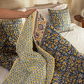Golden Daisy Meadow Block Printed 100% Pure Cotton Cloth Quilted Throw Blanket Cover for Couch and Bed Lap Bedding Coverlet Oversized Quilt