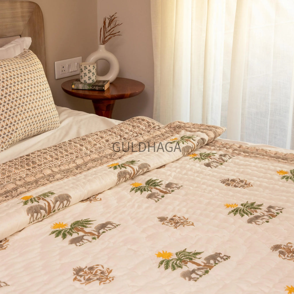Deer Grove Hand Block Print Cotton Quilt, Floral Indian Bedding, Reversible coverlet, king comforter, All season quilt, Anokhi quilt
