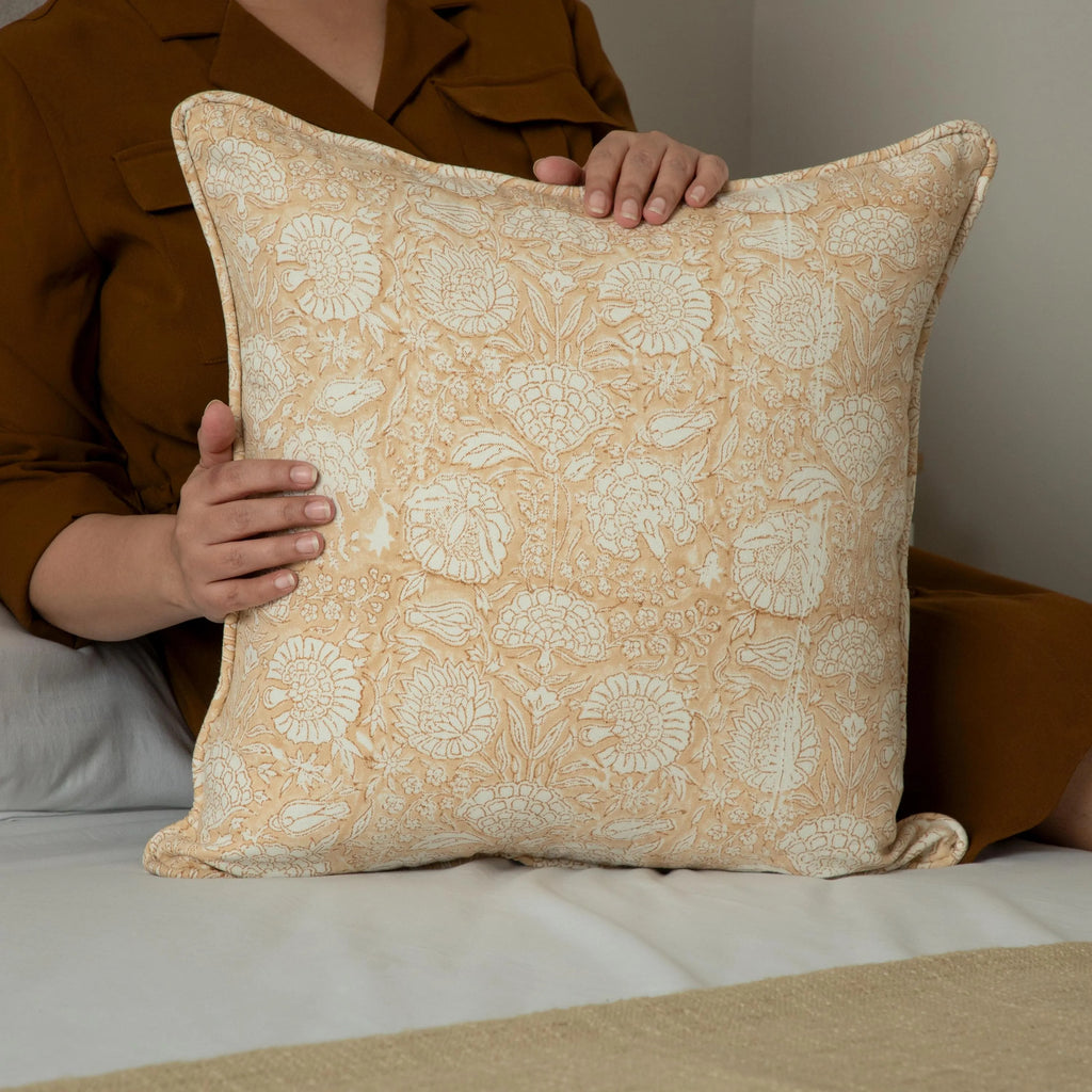 Terra Cotta Floral Pillow Cover, Indian Block Print, Natural Cotton