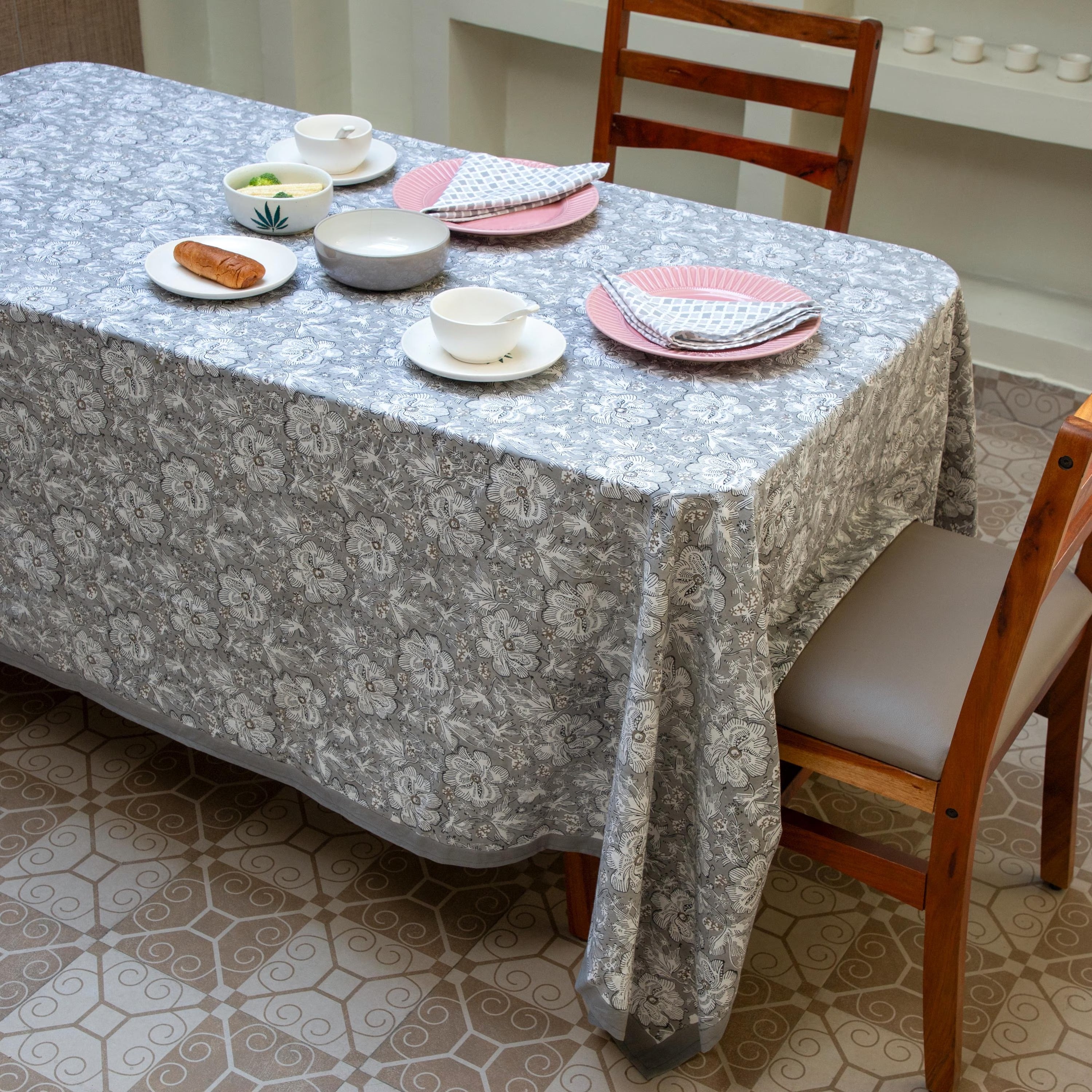Grey Floral Block Print Tablecloth, Floral Cotton Table Cover, Table Runner Napkins Gift For Housewarming, Cloth for sale