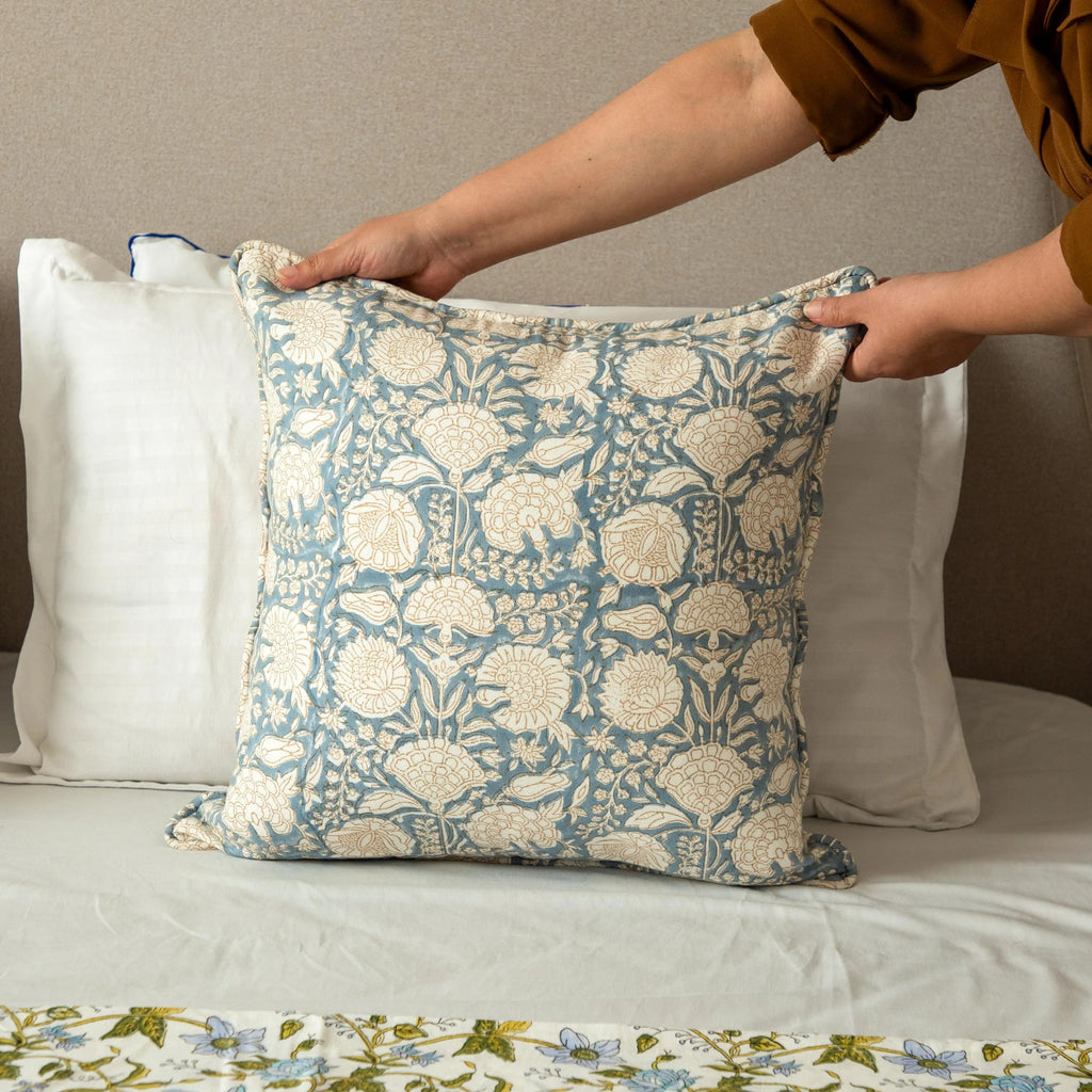 Floral Block Print Pillow Cover, Blue Terra Cotta Cotton, Boho Throw Pillow