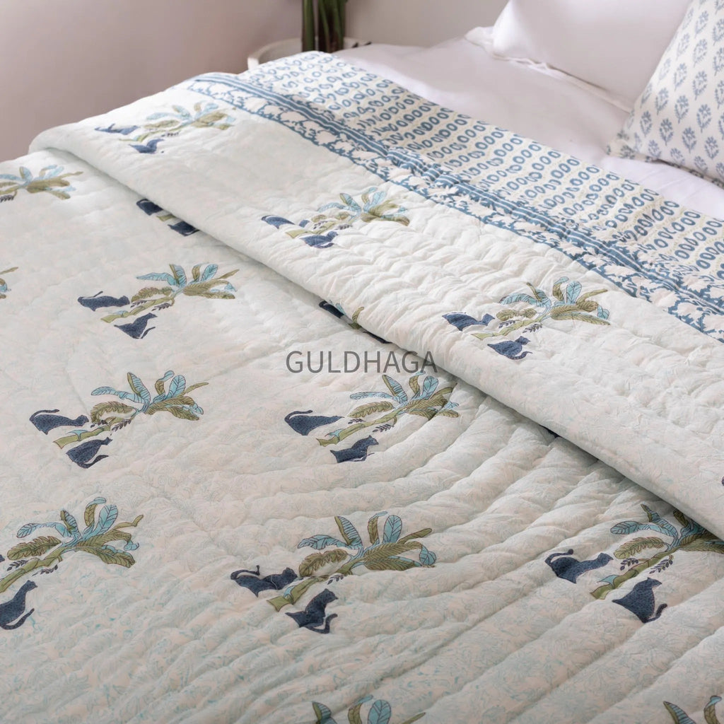 Blue palm and leopard Block Print Cotton Quilt, Floral Cotton Bedding, Handmade Indian Boho Quilt, Reversible Bedspread for Twin&Queen Beds