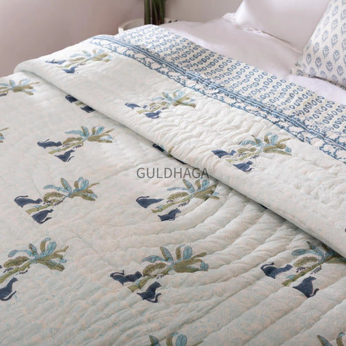 Blue palm and leopard Block Print Cotton Quilt, Floral Cotton Bedding, Handmade Indian Boho Quilt, Reversible Bedspread for Twin&Queen Beds
