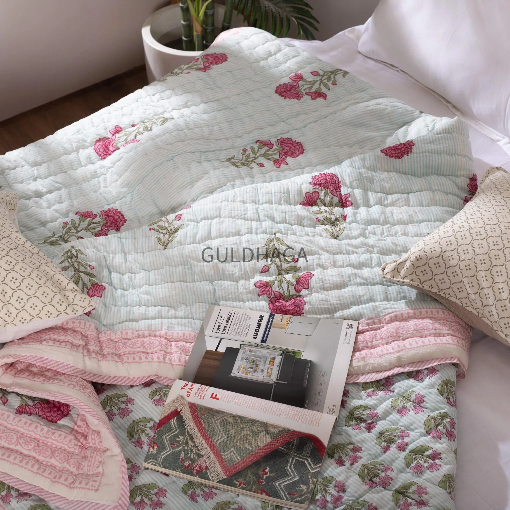 Dusty Rose Block Print Cotton Quilt, Floral Cotton Bedding, Handmade Boho throw, Reversible Bedspread for Twin quilt, housewarming gift